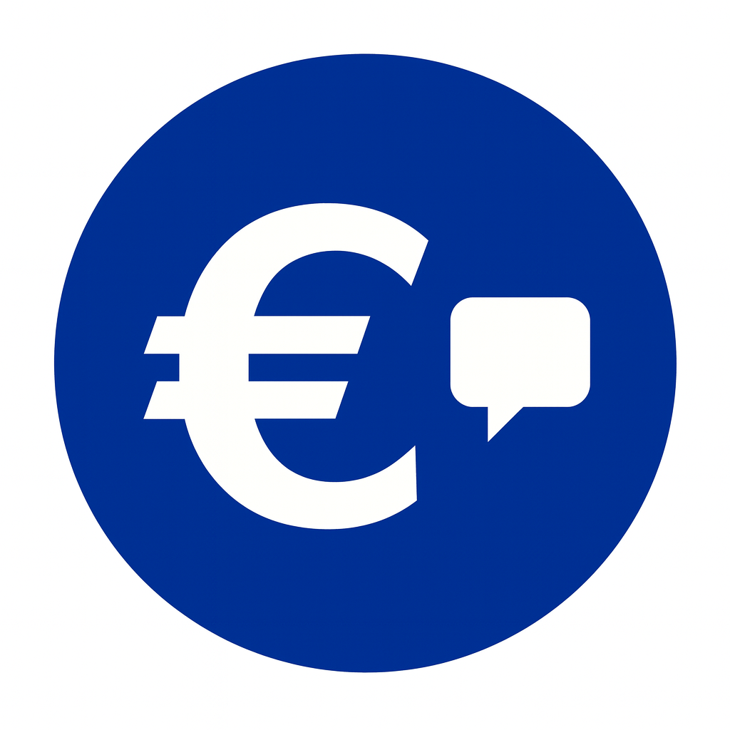 Euroto Logo – Еврото Асистент Лого на Еврото Асистент – бял символ на еврото и балонче за чат върху син фон